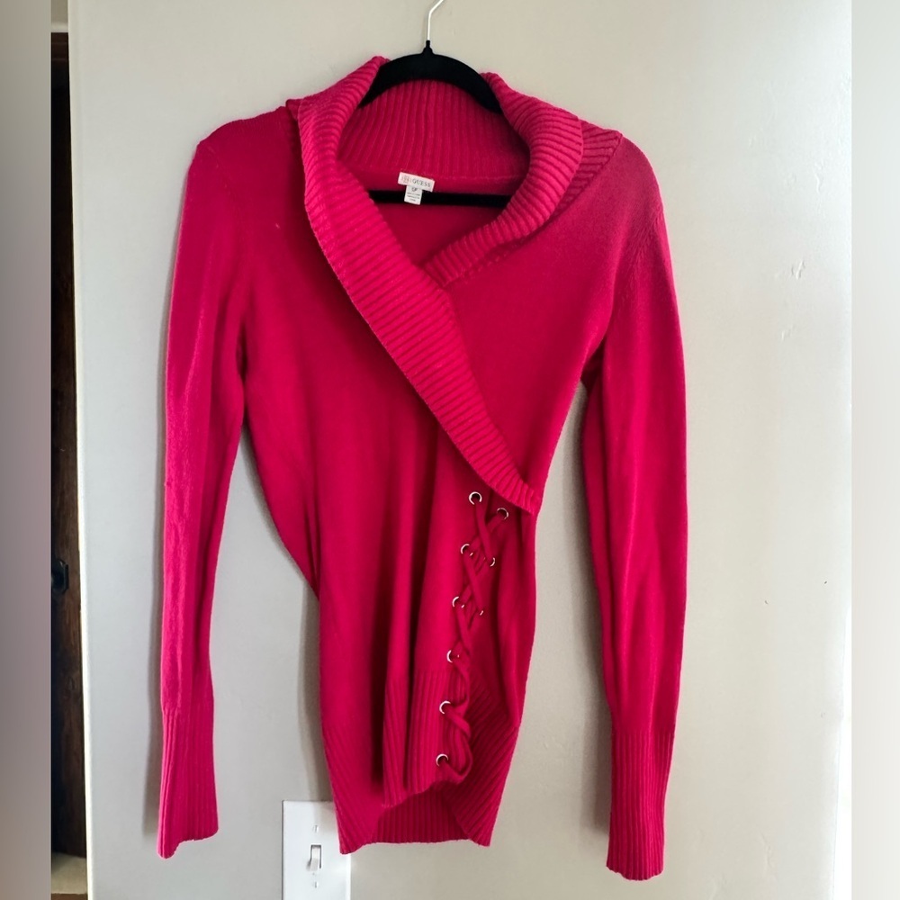 GUESS Y2K Pink Lace Up Wrap Sweater Coquette Soft Girl Ribbed Coquette Knit